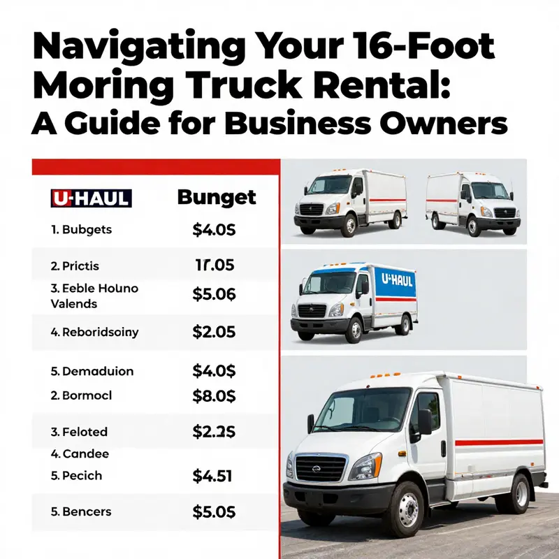 A selection of 16-foot moving trucks ready for rental, emphasizing the range of options for business owners.