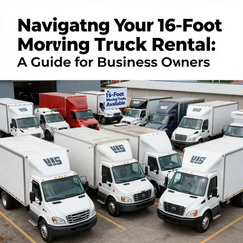 A selection of 16-foot moving trucks ready for rental, emphasizing the range of options for business owners.