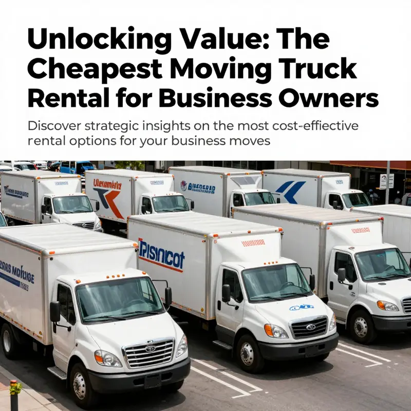 A collection of different moving trucks from rental companies in an urban backdrop.