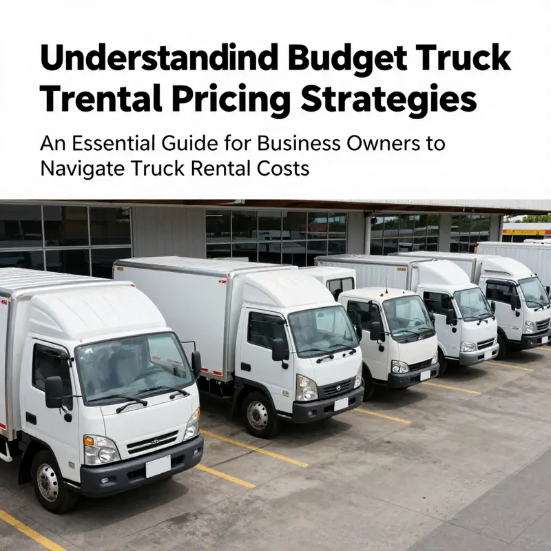 Cover image showing a variety of budget trucks parked at a rental center, emphasizing rental options.