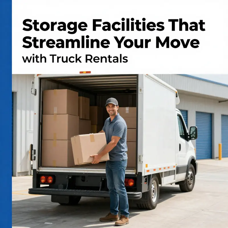 A diverse array of moving trucks available for rental at a storage facility, representing options for various moving needs.