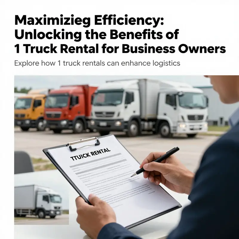 A business owner in an office setting, surrounded by documents and images of trucks, examining truck rental options for business logistics.