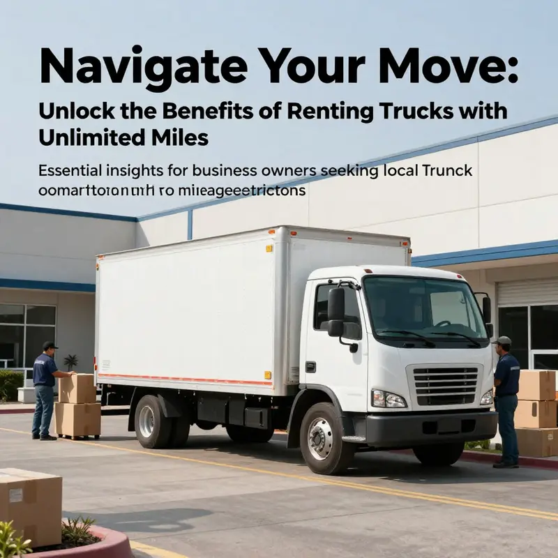 A bustling office relocation scene showing a moving truck, employees, and boxes, exemplifying the ease of moving with unlimited mileage options.