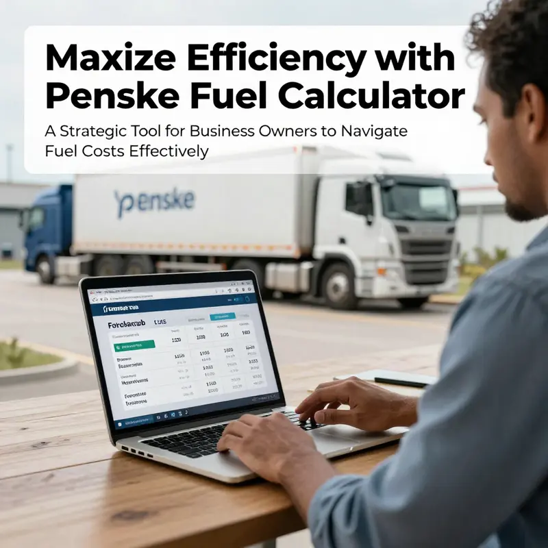 An image of a businessman reviewing fuel costs on a laptop in front of rental trucks, illustrating the use of the Penske Fuel Calculator.