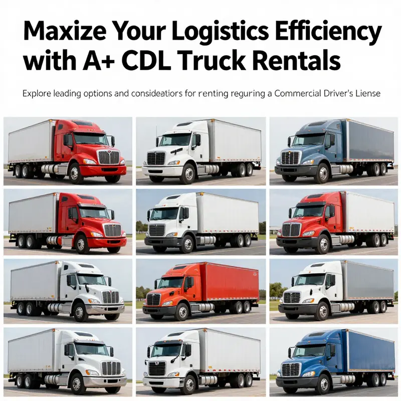 Image collage illustrating different A+ CDL trucks available for rental in a business context.