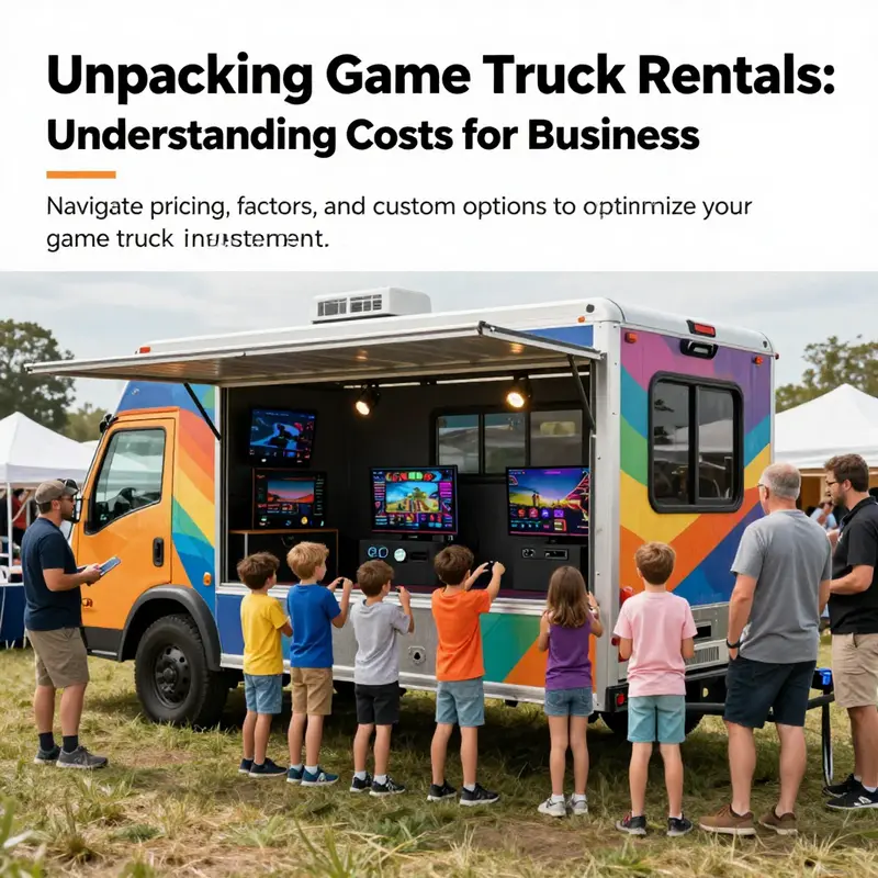 Game truck at a community event with children enjoying video games and adults networking.