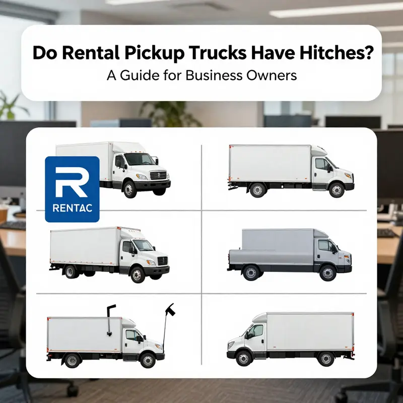 Rental pickup trucks equipped with hitches for towing various loads.