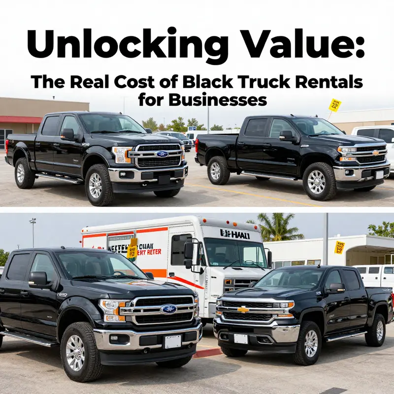 Varied black trucks available for rent, highlighting the relationship between truck type and rental cost.