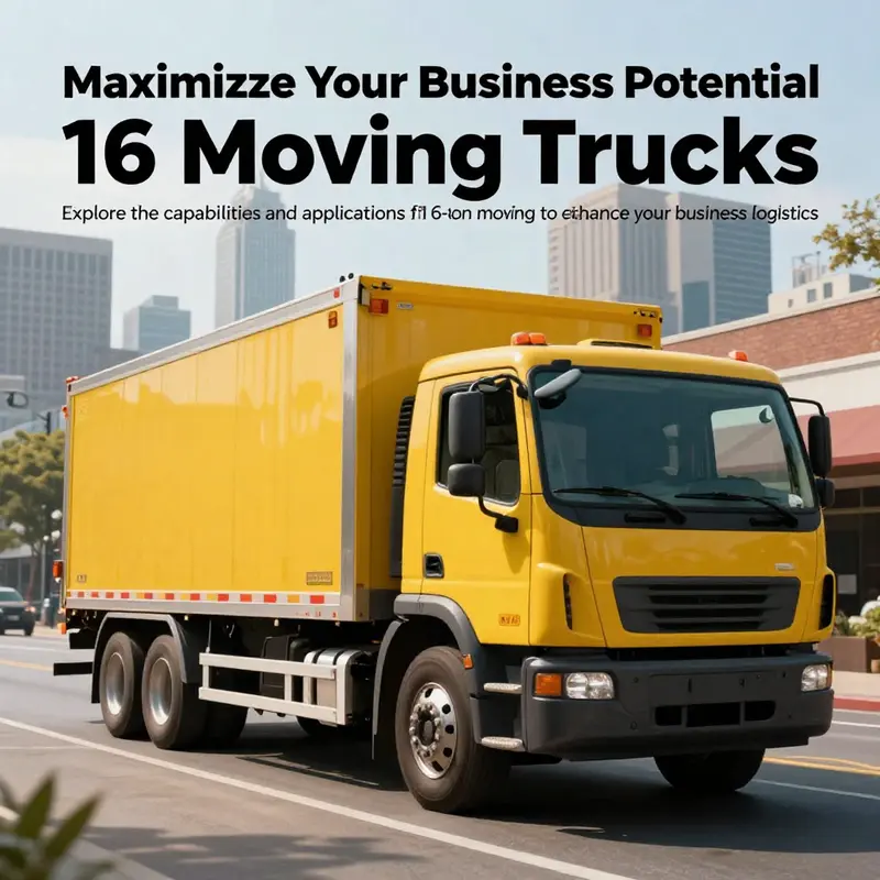 A 16-ton moving truck delivering goods in an urban setting with a skyline in the background.