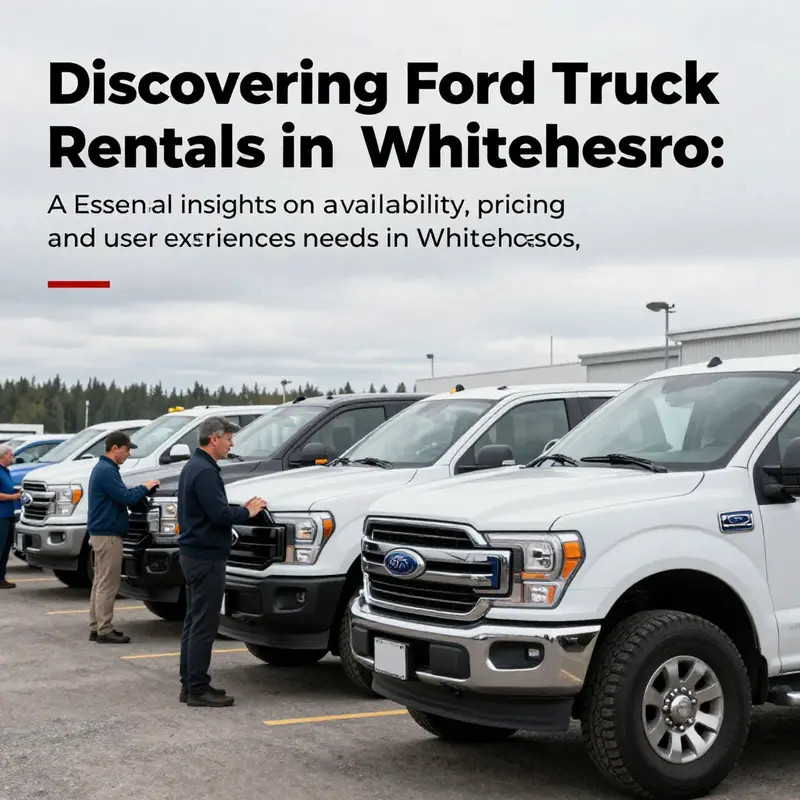 A group of business professionals discussing among parked Ford trucks in a rental location in Whitehorse.