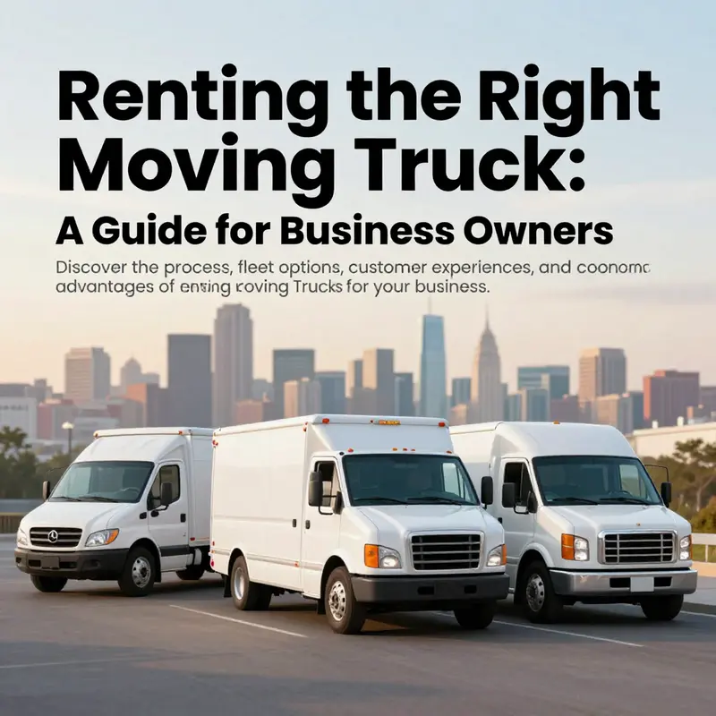 A visual representation of different moving trucks showcasing logistic solutions against an urban backdrop.
