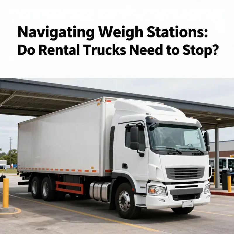 A visual depiction of rental trucks at a weigh station, symbolizing compliance with transport regulations.