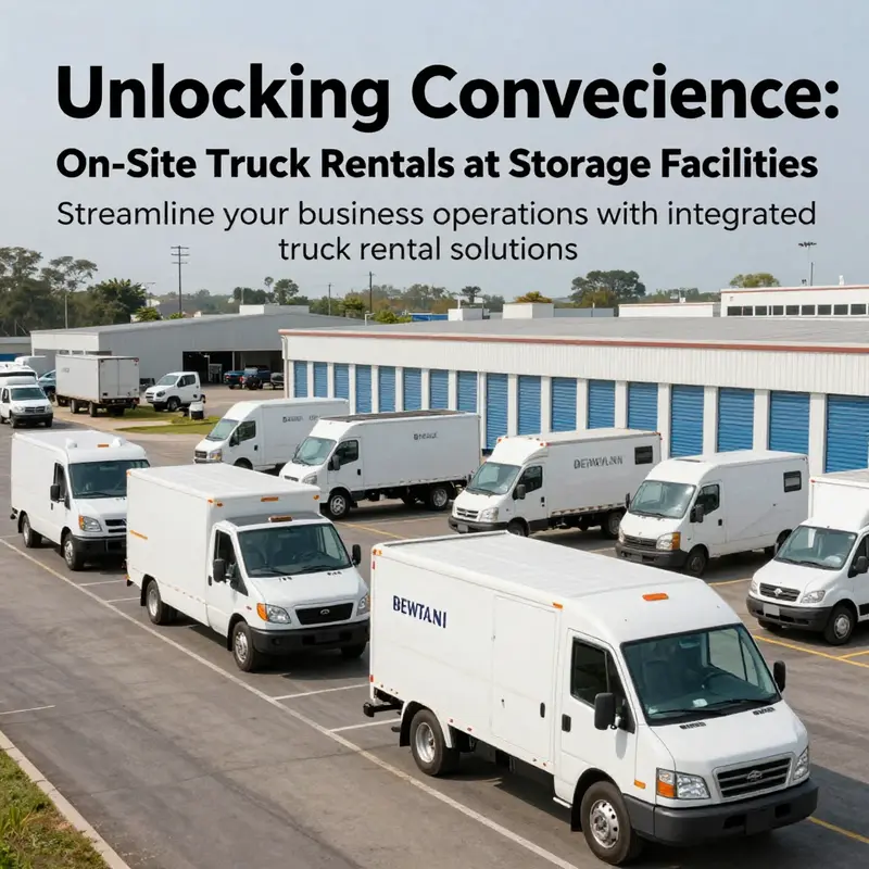 A busy storage facility with visible rental trucks, exemplifying the convenience of on-site services.