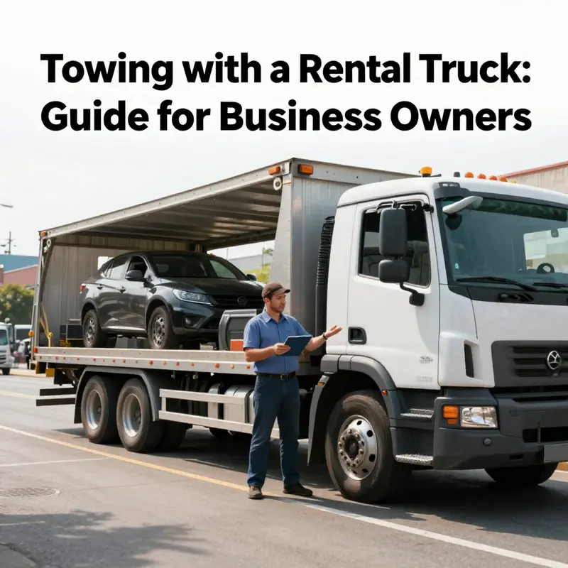 A business owner beside a rental truck equipped for towing, symbolizing the integration of necessary knowledge and preparation for towing.
