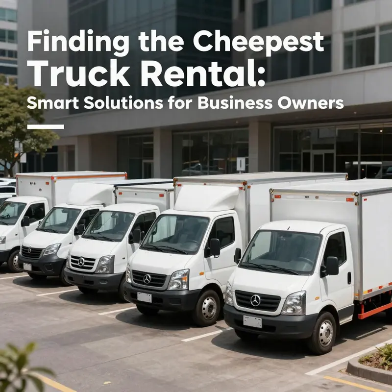A display of different truck rental options available for businesses set in an urban environment.