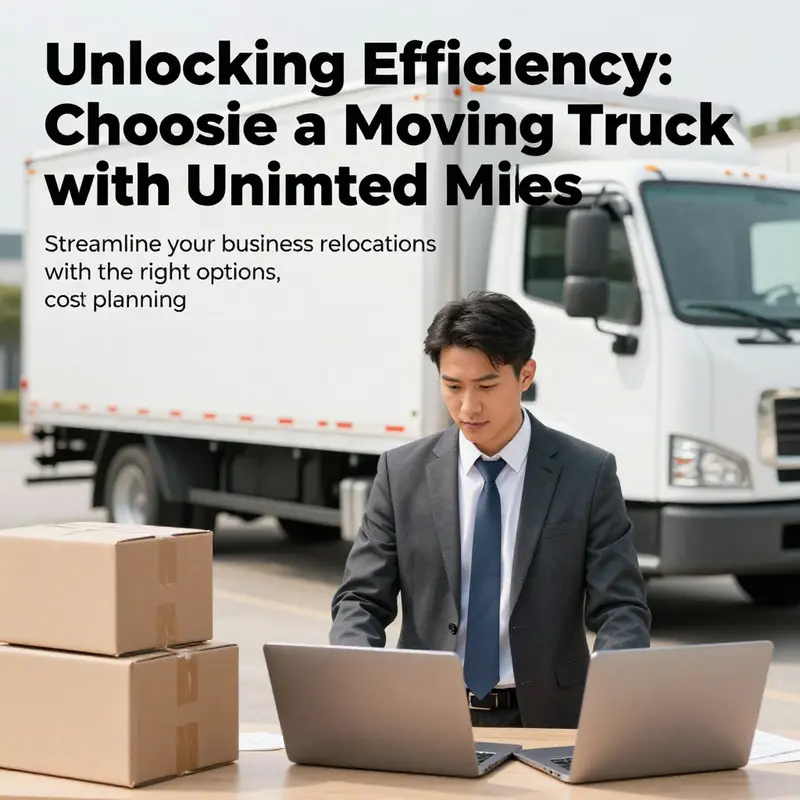 A business owner surrounded by packing boxes and a laptop, contemplating their move with a moving truck in sight.