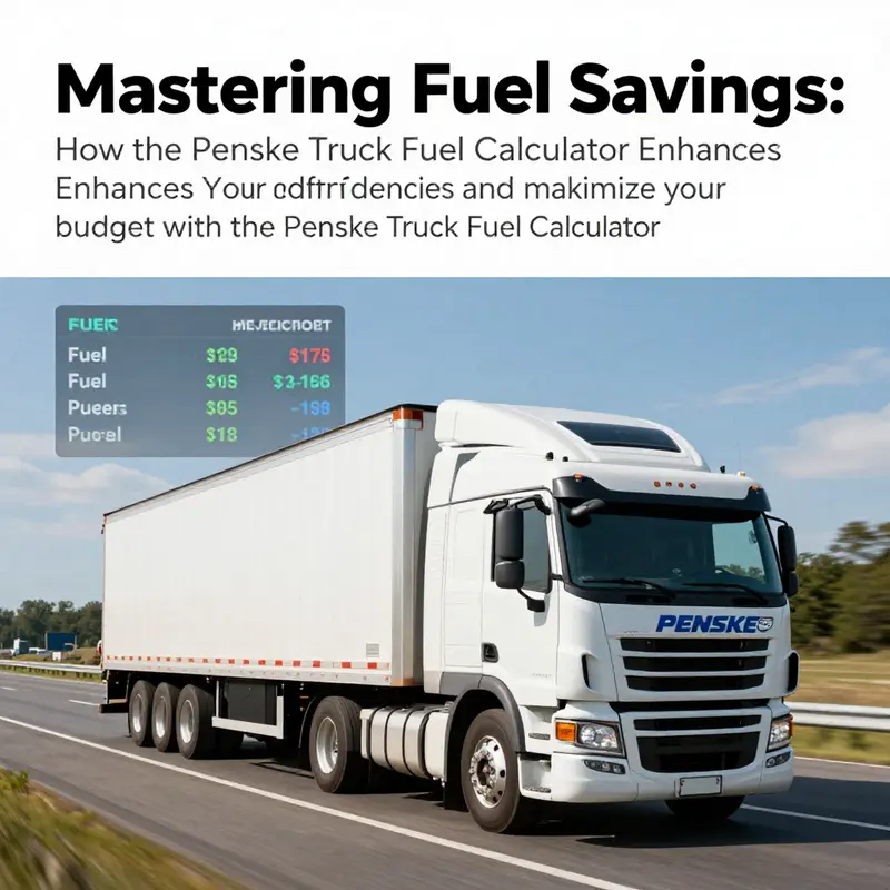 Penske truck driving on a highway with digital overlays of fuel cost calculations in the background.