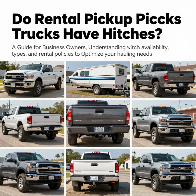 A collage depicting different rental pickup trucks with hitches, illustrating their versatility in business operations.