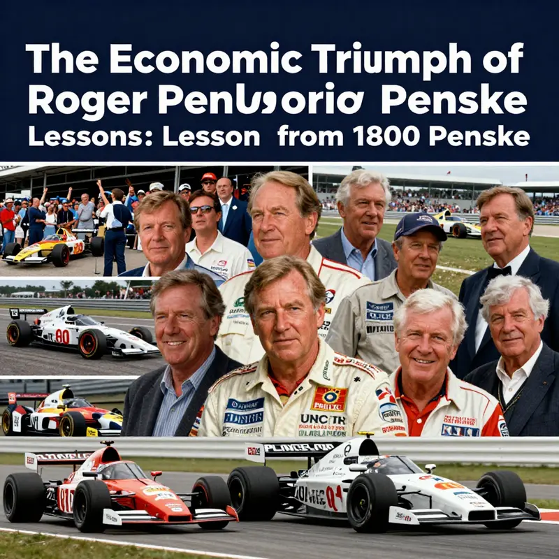 Roger Penske displaying his achievements alongside a race car, symbolizing his financial success.