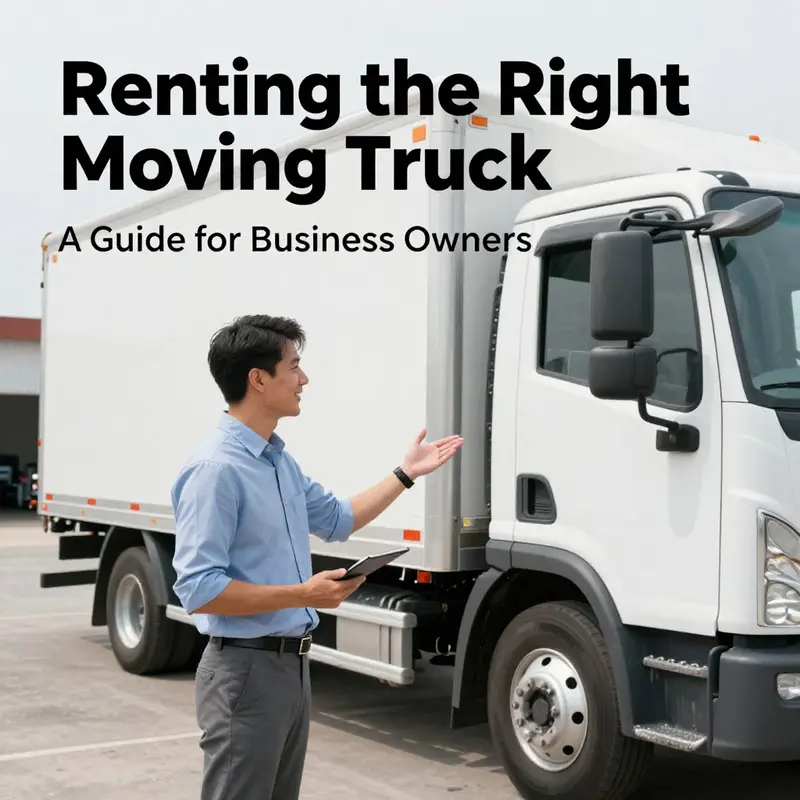 A truck rental company representative assisting a business owner in selecting the right truck for their moving needs.
