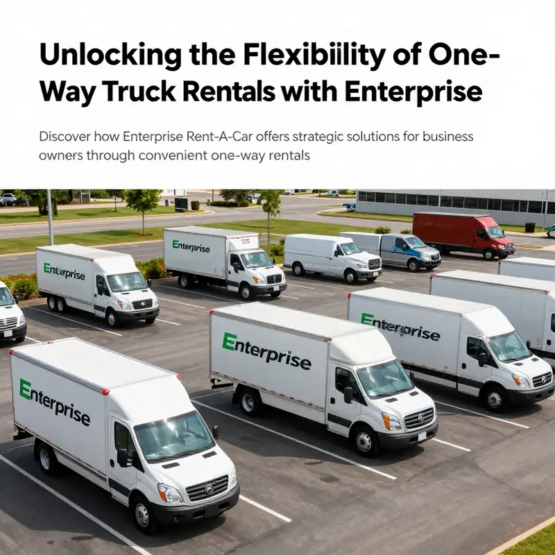 A panoramic view of an Enterprise Rent-A-Car fleet, showcasing various trucks available for rental.