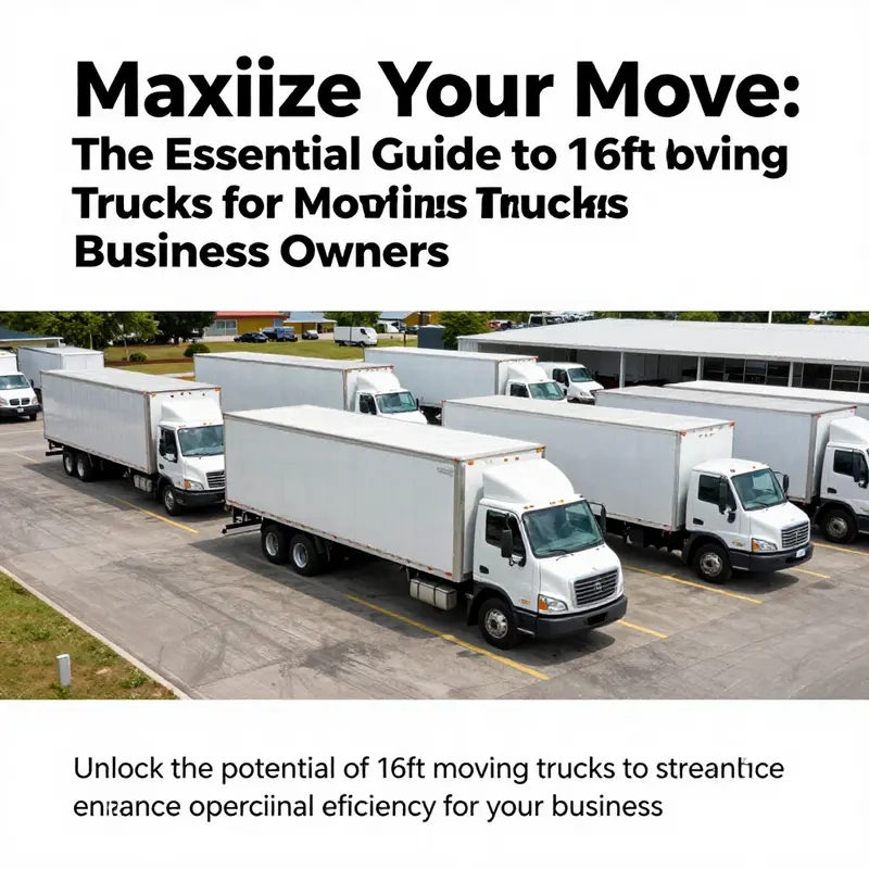 Multiple 16ft moving trucks parked at a rental location, representing business logistics solutions.