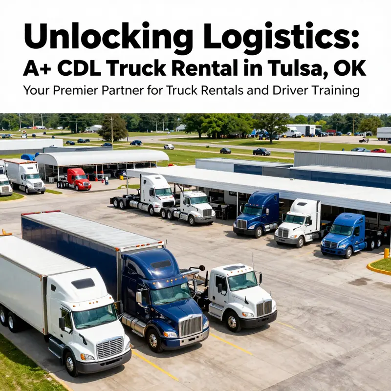 Image of A+ CDL Truck Rental showing diverse trucks and a driving training area.