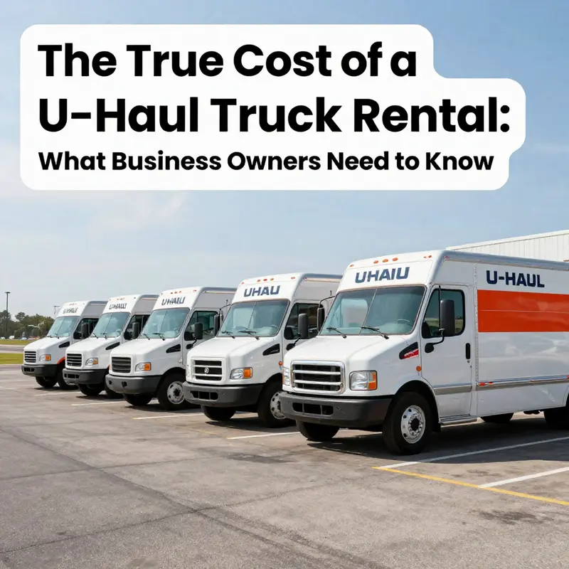 A scenic view of U-Haul trucks parked, symbolizing the rental service available for business logistics and moving needs.
