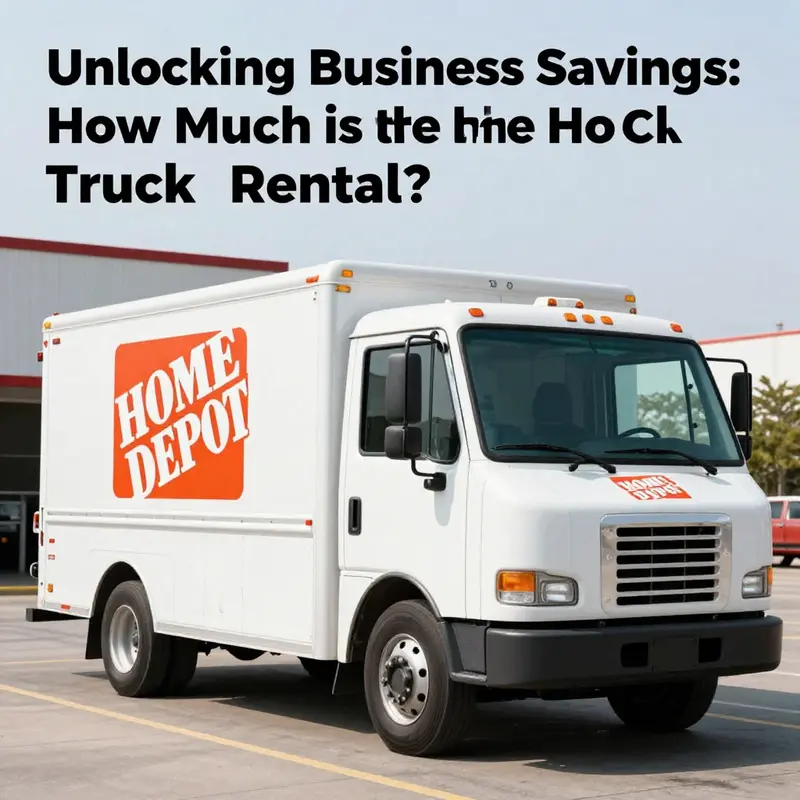 A professional image of a Home Depot truck parked in a business environment, highlighting its availability for rental.