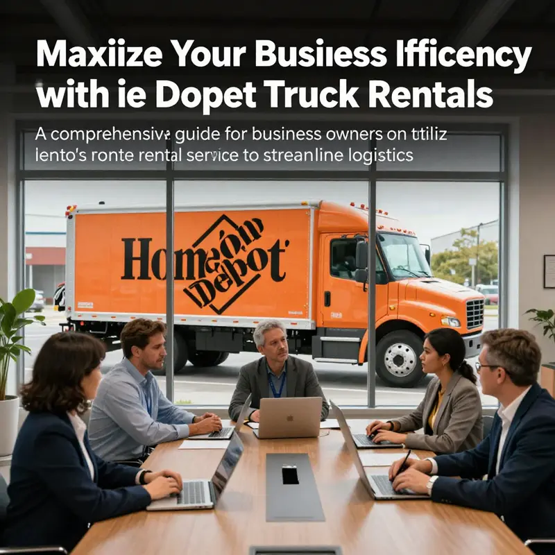 A business team discussing logistics with a Home Depot truck visible outside, highlighting the connection between truck rentals and enhanced business operations.