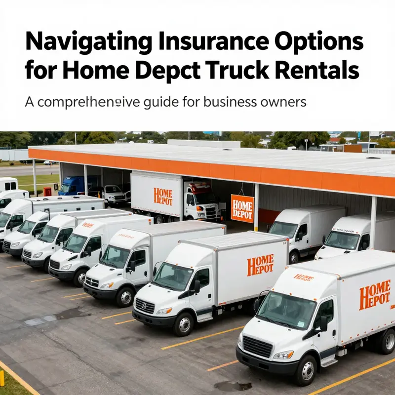 Home Depot truck rental service area showcasing trucks and insurance signage.