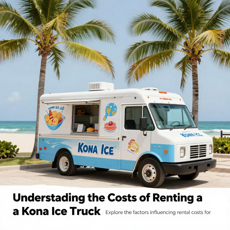 Kona Ice truck set in a beach location, ready to provide delightful shaved ice treats.