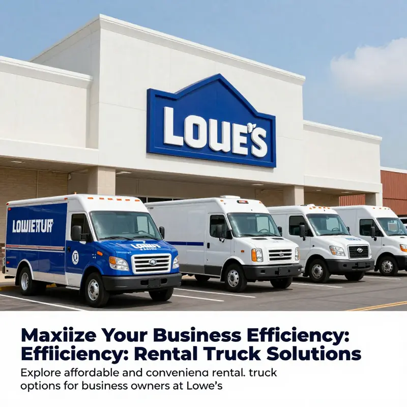 The storefront of a Lowe's with rental trucks parking lot, illustrating the availability of truck rental services for businesses.