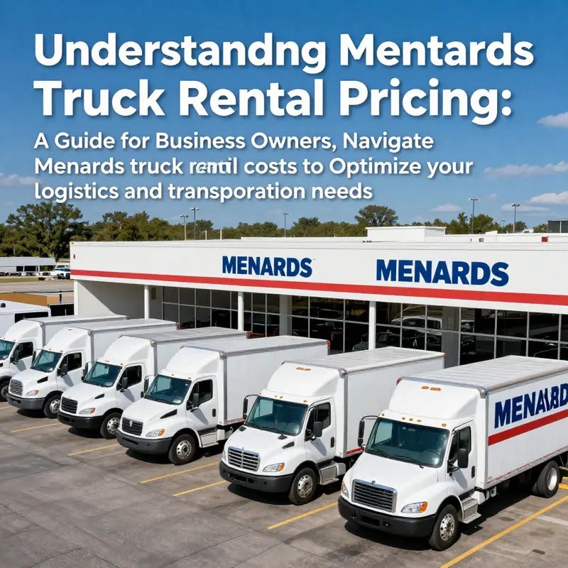 Overview of Menards truck rental fleet with visible pricing signs, illustrating rental options for businesses.