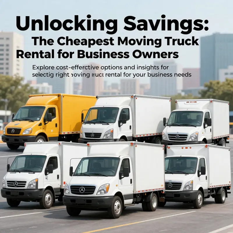 A colorful cover image representing different types of moving trucks in an urban setting, highlighting truck rental options.