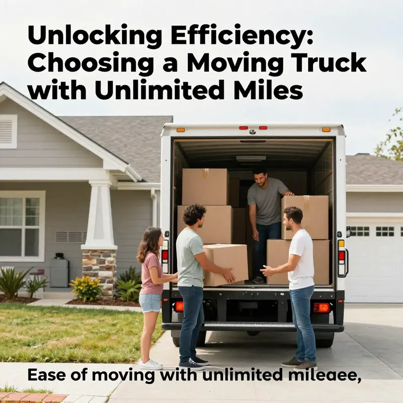 A selection of moving trucks highlighting various options for unlimited mileage rentals.