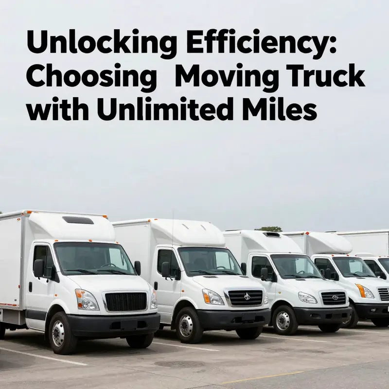 A selection of moving trucks highlighting various options for unlimited mileage rentals.