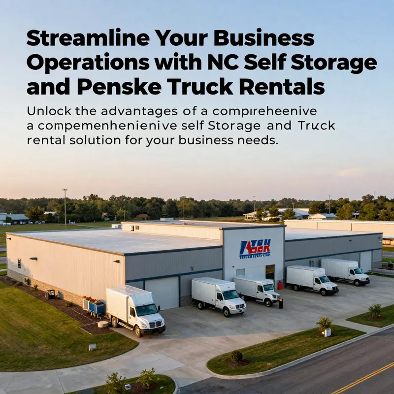 A wide-angle photo of the facility capturing storage units and rental trucks in soft evening light.