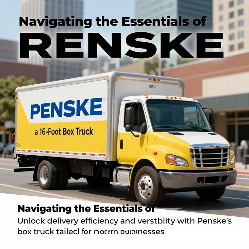 A striking image of a 16-foot box truck from Penske parked in an urban setting, highlighting its spacious design and branding.
