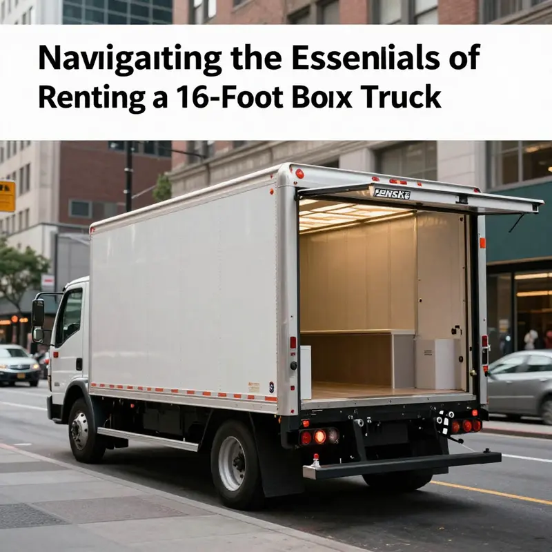 Specifications and features of the 16-foot box truck from Penske, illustrating its spacious interior and urban mobility.