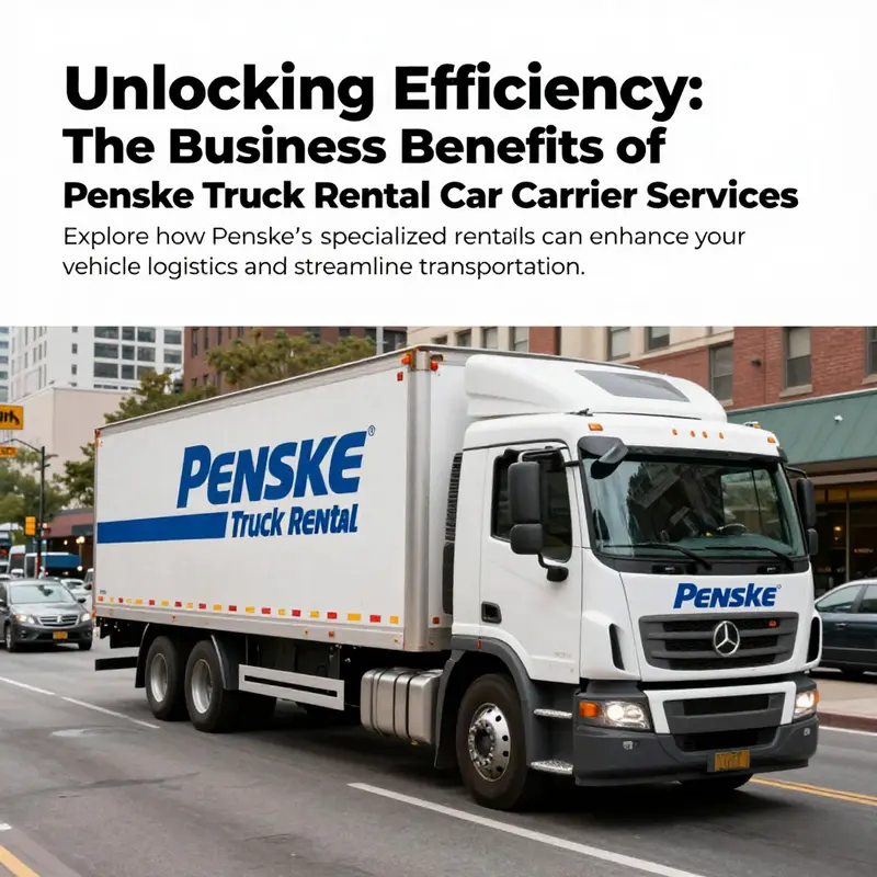 A Penske Truck Rental car carrier driving through a cityscape, illustrating its capabilities in vehicle transportation.