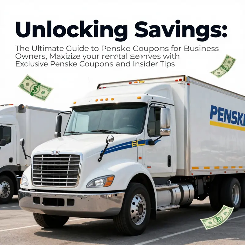 Image of a Penske Truck on the move with graphics illustrating savings and efficiency for businesses.