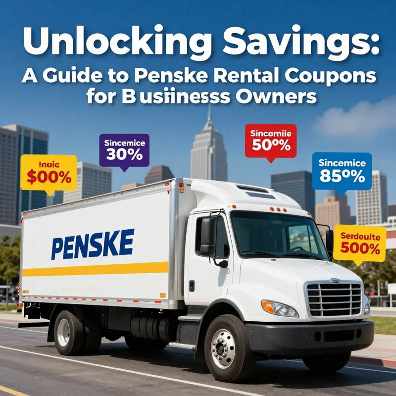 A Penske truck in front of a city skyline with various highlighted discount offers around it.