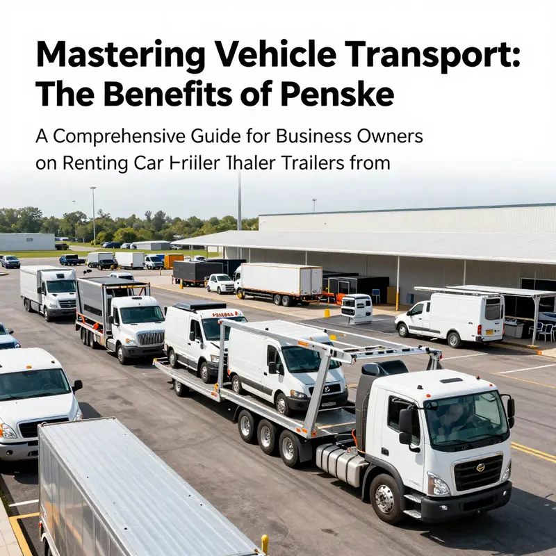 A vibrant image capturing a Penske rental facility with several car hauler trailers on display, illustrating the company's operational capacity.