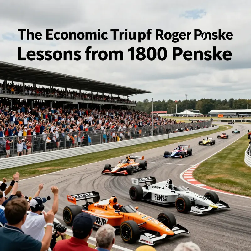 Roger Penske displaying his achievements alongside a race car, symbolizing his financial success.