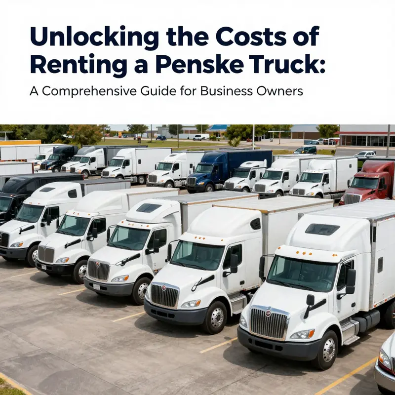 Group of diverse Penske trucks arranged in a rental yard.