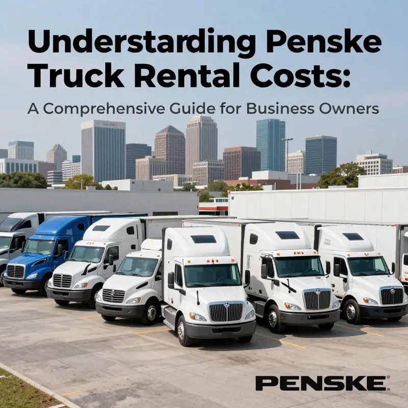 A visual of many Penske trucks against a cityscape background, symbolizing the transportation services offered by Penske Truck Rental.