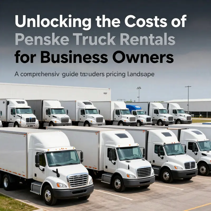 A collection of various types of Penske trucks lined up at a rental facility, showcasing the range of options.