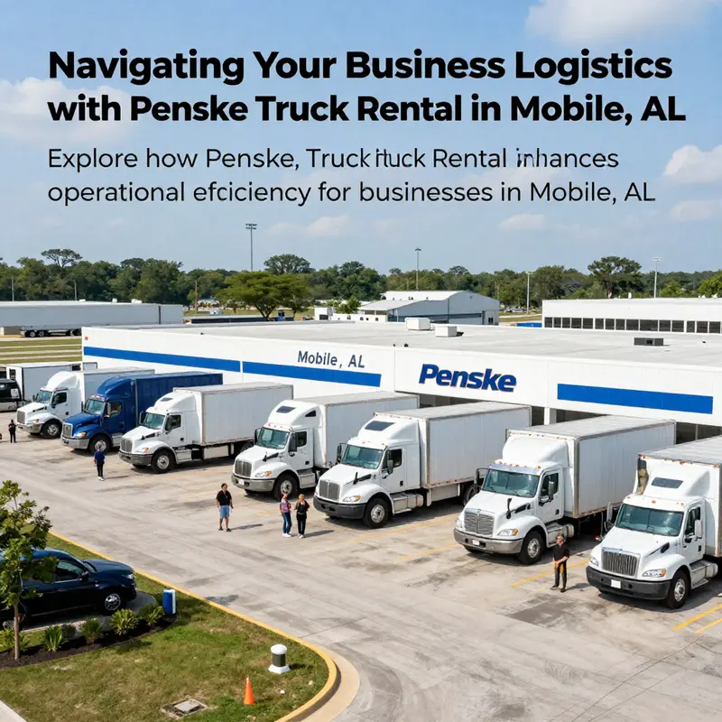 Panoramic view of Penske Truck Rental's location in Mobile, AL with trucks and customers.