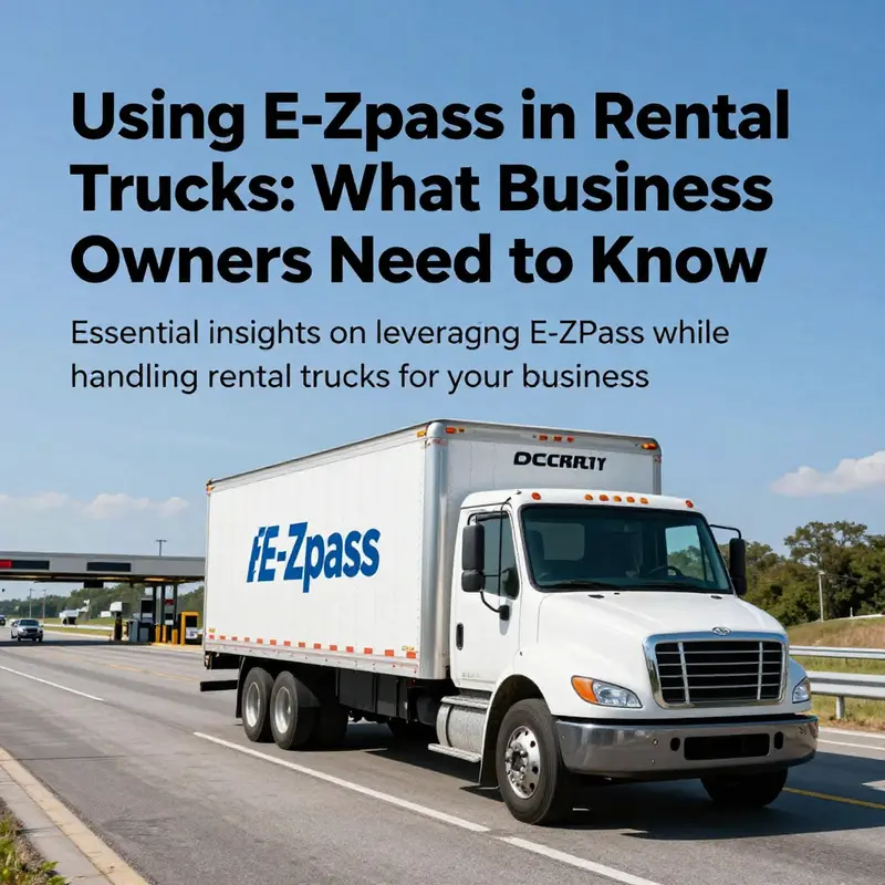 A rental truck driving on a highway towards a toll booth.